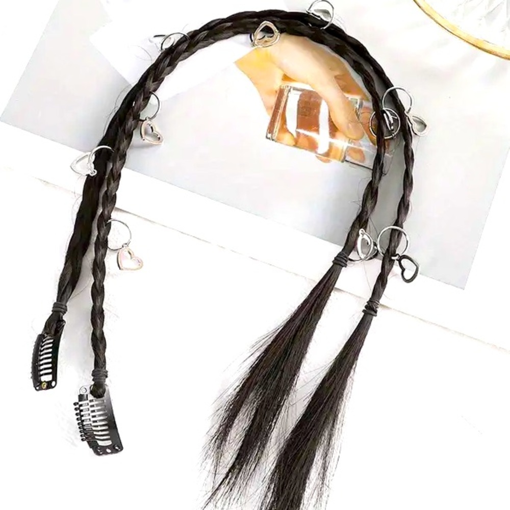 Trendy Clip-In Braid Extension with Charms - 20" Heart & Ring Design Accents